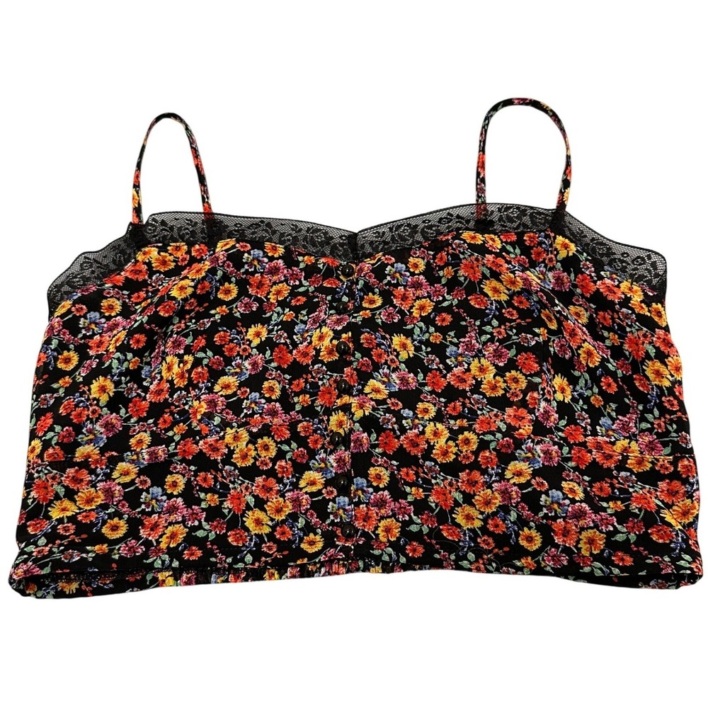 Ambiance Apparel Cami Top Women Large Black Floral Smocked Lace Trim NWOT